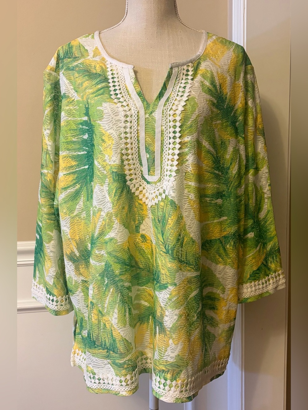 Alfred Dunner Woman 3X Tropical Palm Leaf Tunic Top Crochet Lace Trim Boho